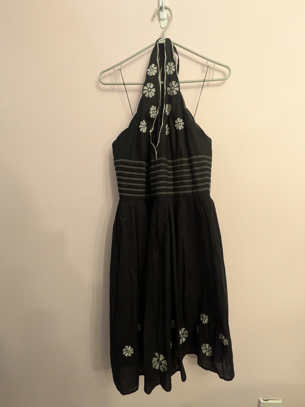 London Times Black Halter Midi Dress with White Floral Accents - Size 10